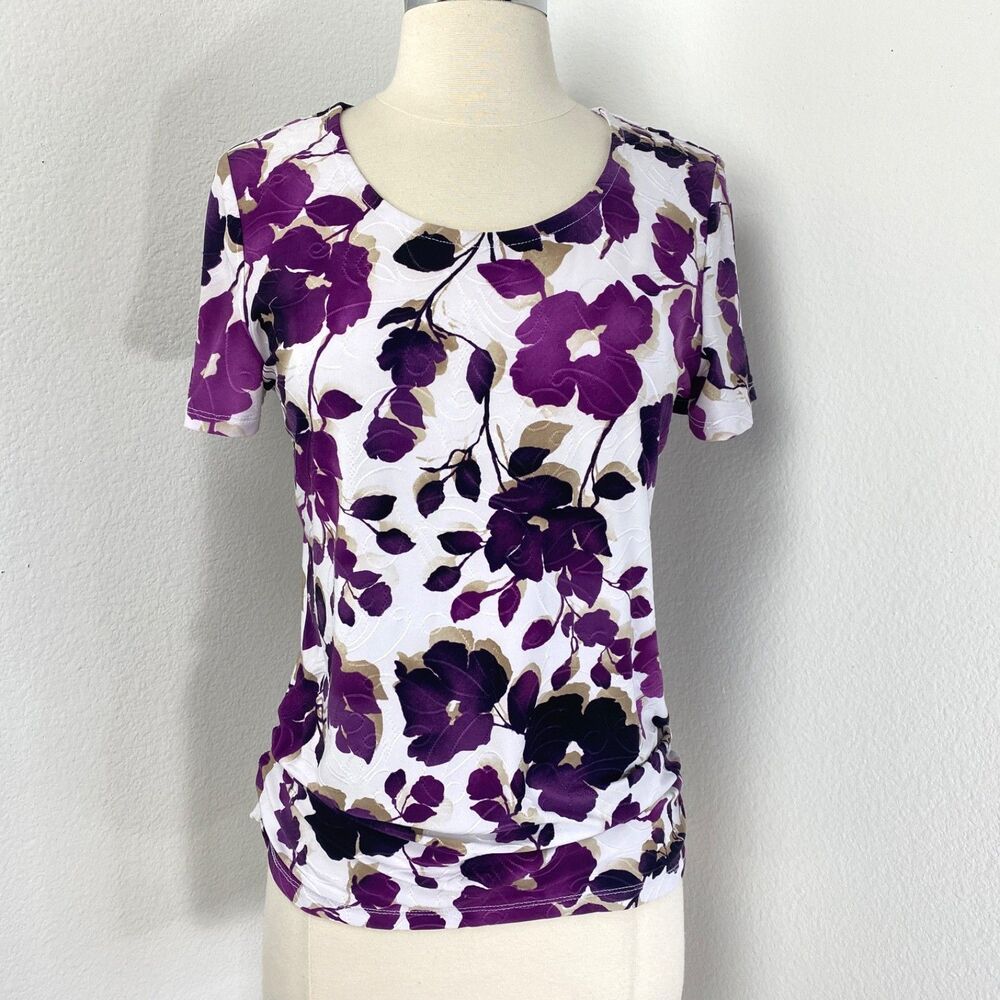 JM purple Floral Stretch Top Med Ruched Sides Cottagecore Boho Whimsy Fairy